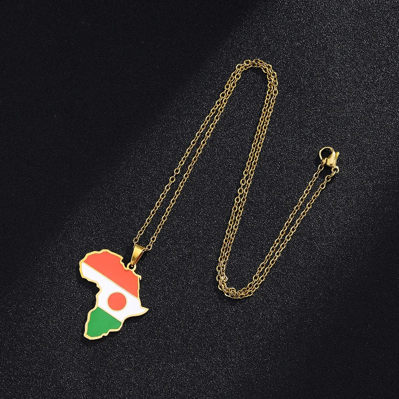 African Map Flag Pendant Necklace Stainless Steel Men Women Rwanda Sudan Uganda Zimbabwe Zambia Ethnic Maps Jewelry Gift