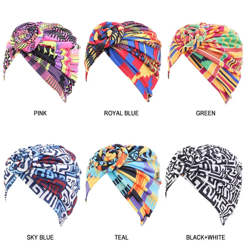 New African Knot turban Trend Floral Beanie Pre Tied Front Knot Elastic Head Wrap Elegant Women Chemo Cap Bandana Headwear