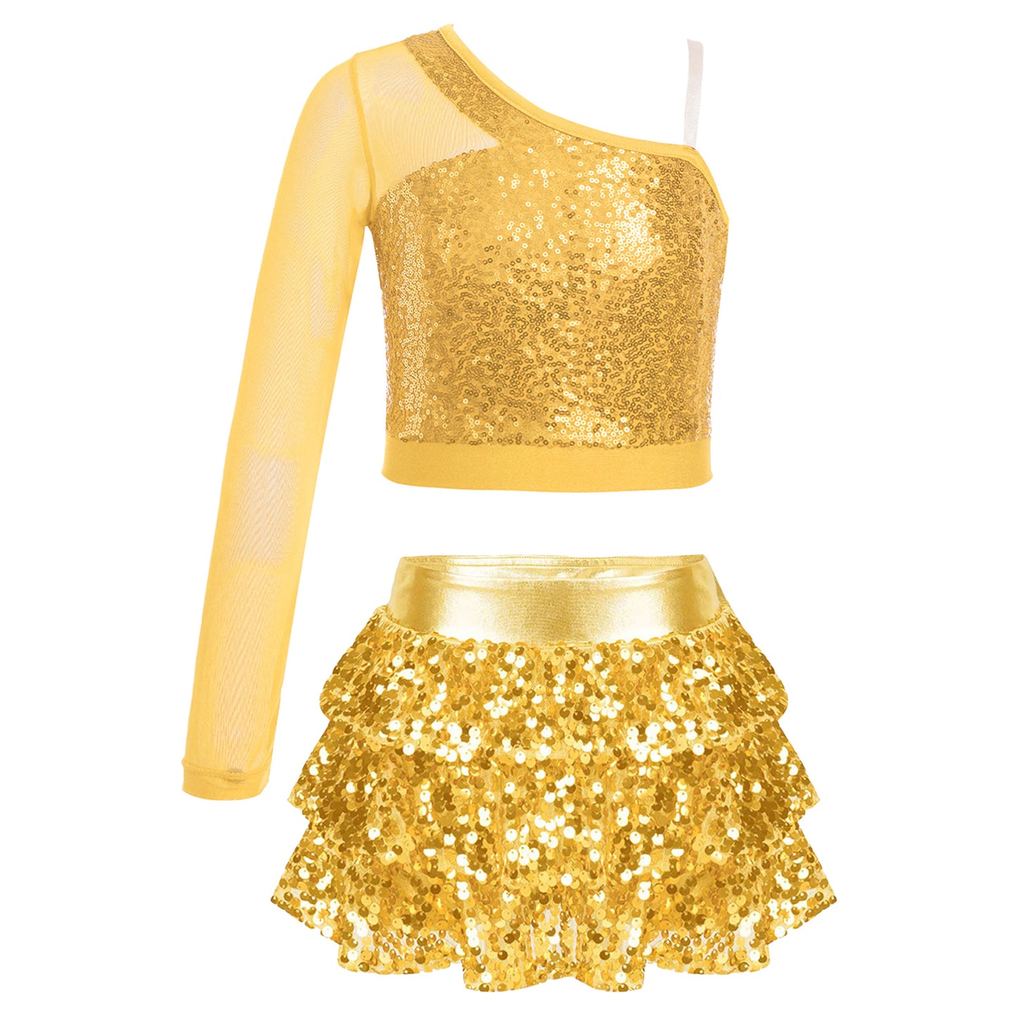 Kids Girls Dance Dresses Latin Jazz Modern Dance Show Costume Sequin Long Sleeve Crop Tops and Skirted Culottes Cheer Dancewear