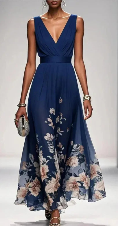 New Fashion Party Dresses Summer Women's Sexy Deep V Neck Floral Print Ruffle Sleeveless High Waist A Line Beach Dress Vestidos