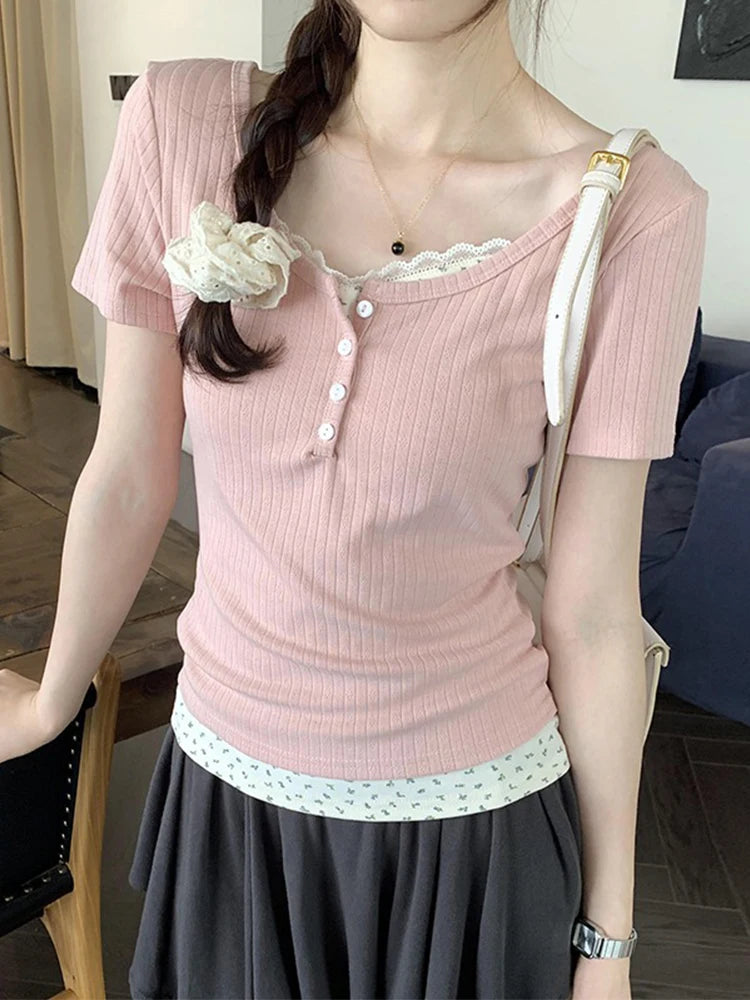 Floral Patchwork Long Sleeve T-shirt False Two-piece Lace Women Top 2025 Spring Slimming T-shirt Fashion Korean Style Clothing