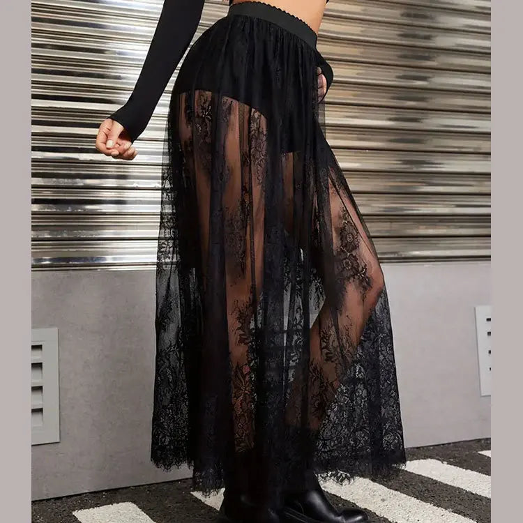 Sexy Solid Color See Through Lace Patchwork Skirt Women Fashion Trendy Chic Y2k Style Skirts Summer Streetwear Female Clothing