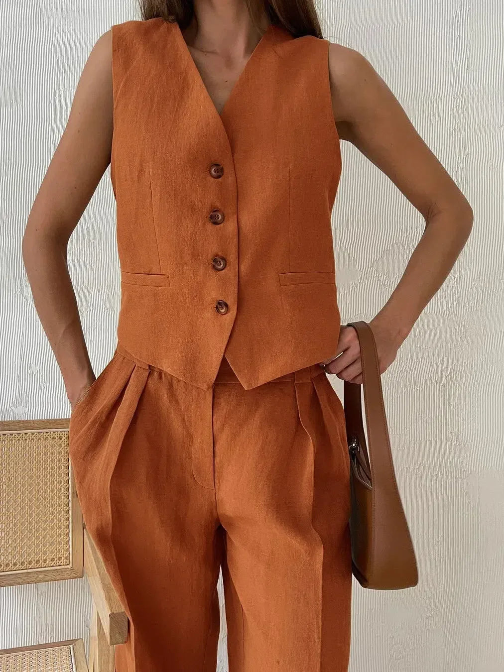 Sleeveless Vest Jacket Top Casual Pants Two-piece Set For Women's Wide Leg Pant Sets Sexy Summer Boho Cotton Linen Ladies Suits