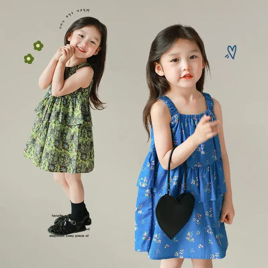 Girls Skirt 2025 Summer New Childrens Clothing Korean Style Girls Baby Fashion Halter Floral Dress Casual Simple Daily