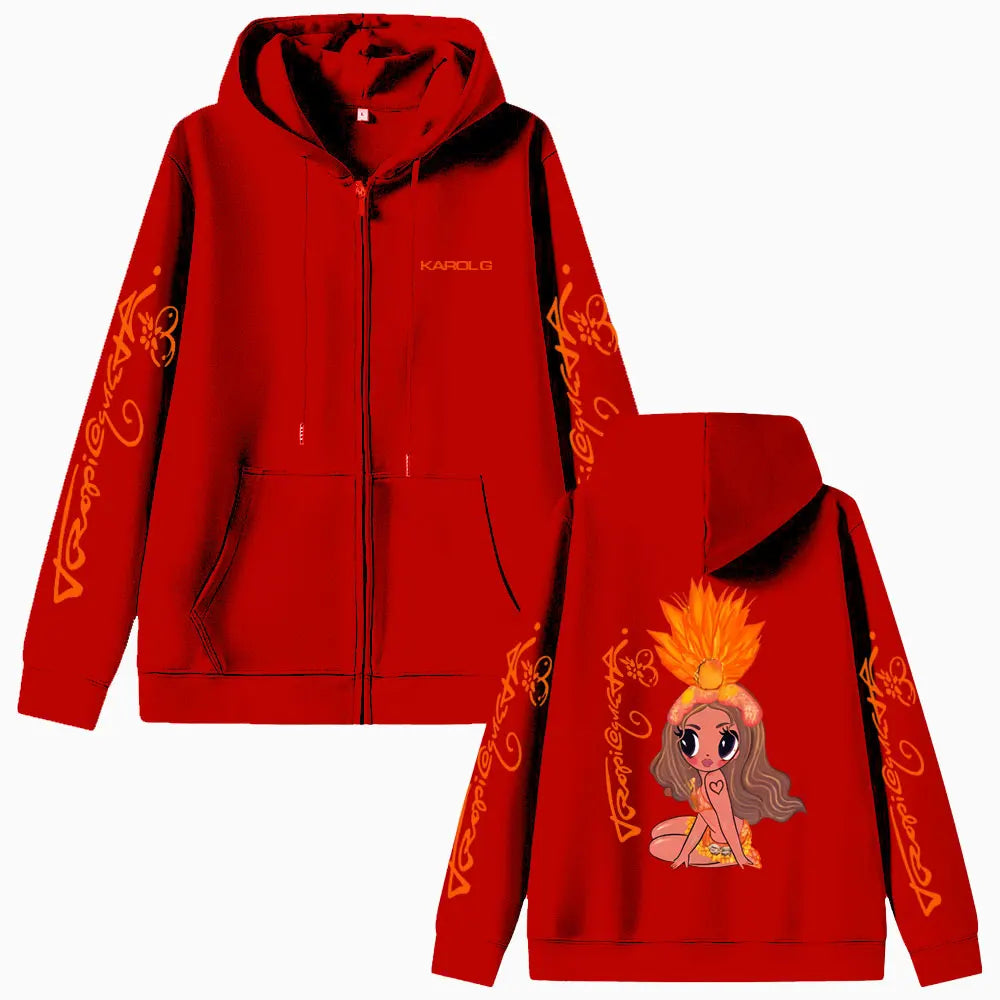 Karol G Tropicoqueta 2025 Zipper Hoodie Men Women Fashion Pop Music Zip Up Jacket Coat Unisex Casual Oversized Zip Up Sweatshirt