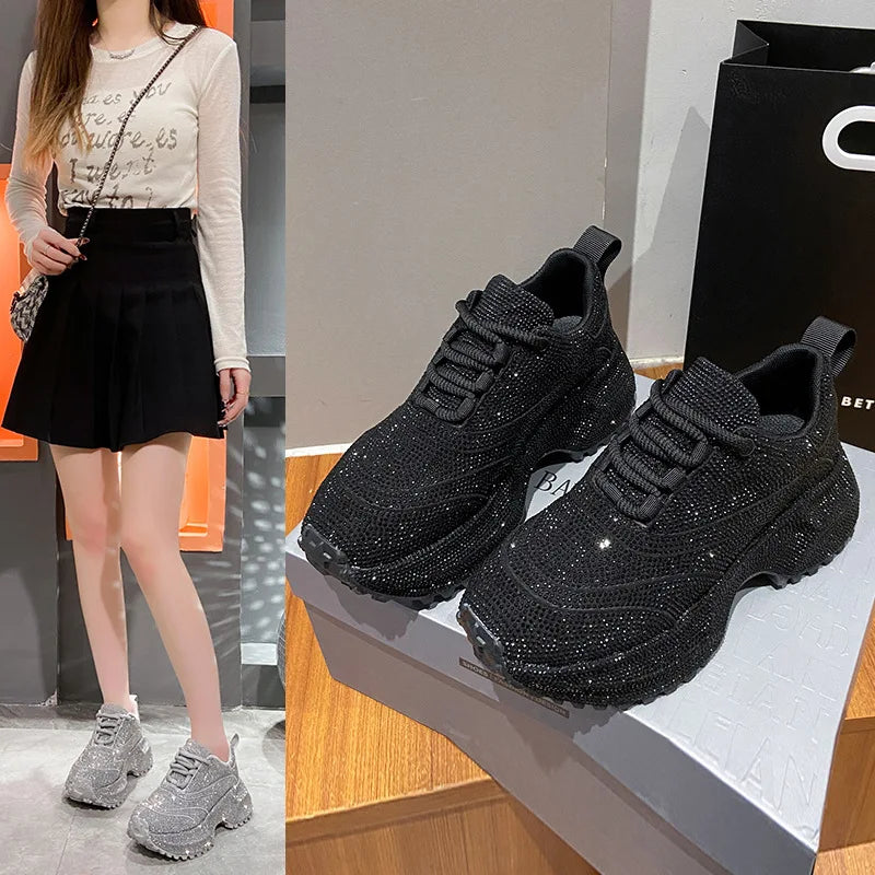 Women's Luxury Fashion Running Shoe Shining Casual Sports Shoes Thick Lace-up Vulcanize Shoes zapatillas de mujer