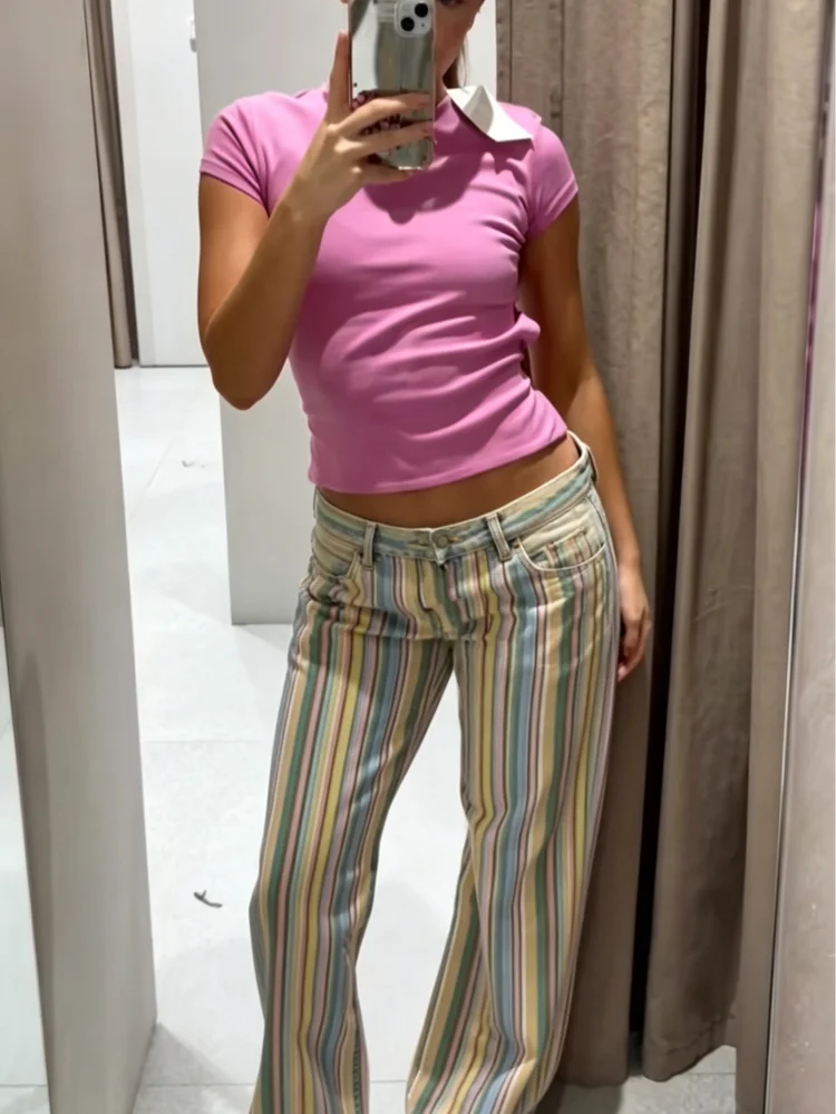 Colorful Striped Jeans for Women Low Waist Straight Leg Trousers High Street Casual Long Denim Pant 2026 NEW Daily Lady Jeans