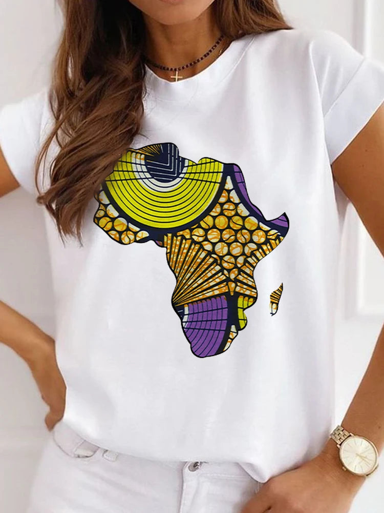 New African Funny Ladies Clothes Casual Short Sleeve Tshirt T Shirt O-neck Loose Summer White Tee Top Print Camisetas De Mujer