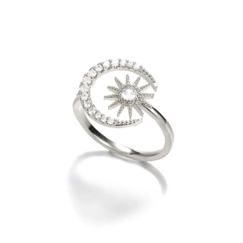 Zircon Moon Star Rings For Women Stainless Steel Glowing Moon Star Adjustable Finger Ring Aesthetic Wedding Jewelery Gift Femme