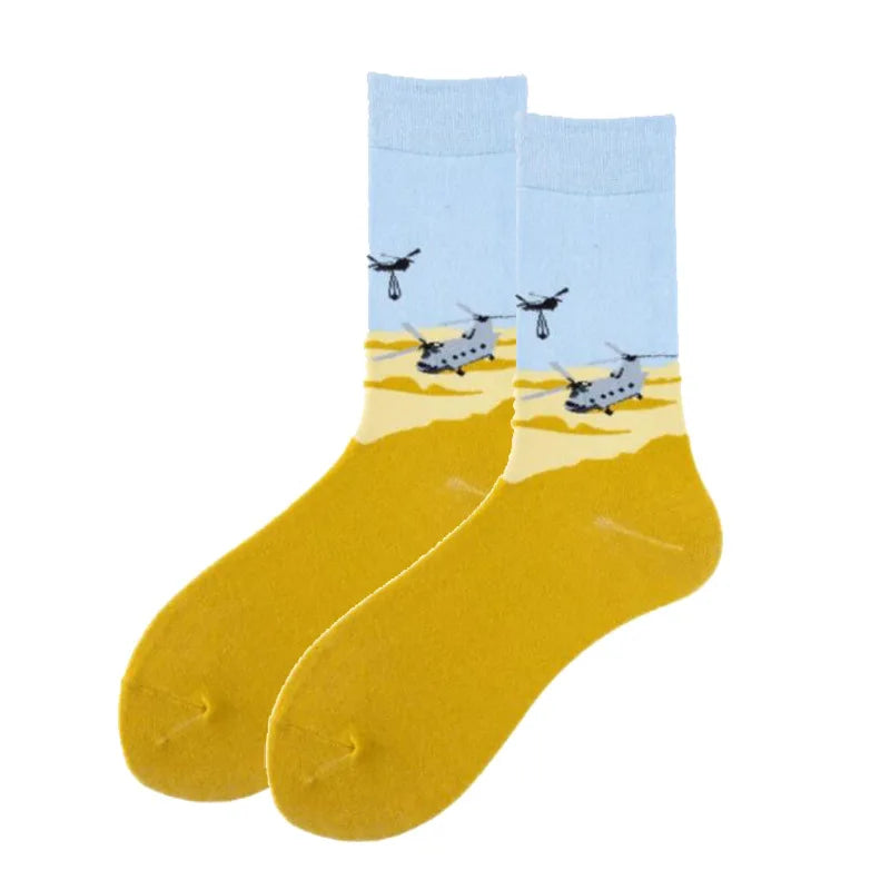 New Fighter Jet Fighter Carrier Aircraft Pattern Socks for Aviation Enthusiasts Stealth Men Crazy Party Crew Socks Cotton