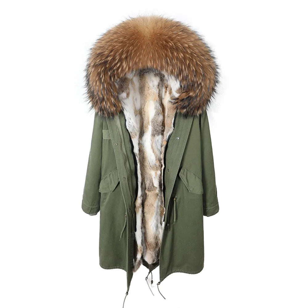 Maomaokong Winter Woman Natural Fur Overcoat Plus Size Black Parkas Raccoon Real Fur Lining Extra Larg Warm Jacket Coats Long