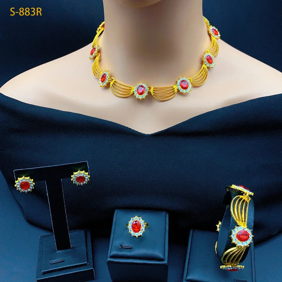 Fashion Ethiopia Dubai Women's Jewelry Set African Wedding Jewelry Necklace Bracelet Earring Ring Set Party Gifts Wholesale