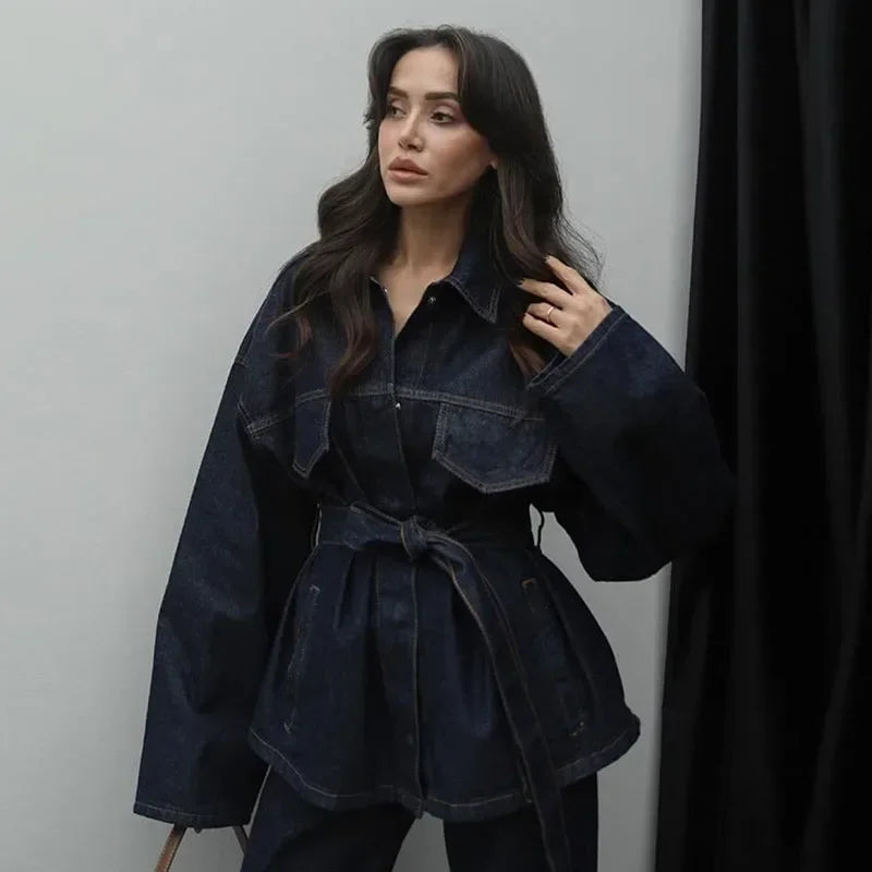 Vintage Belt Denim Jacket Pants Set Women Lapel Single Breasted Jackets Pockets Straight Jeans 2025 Autumn Lady Street Outfits