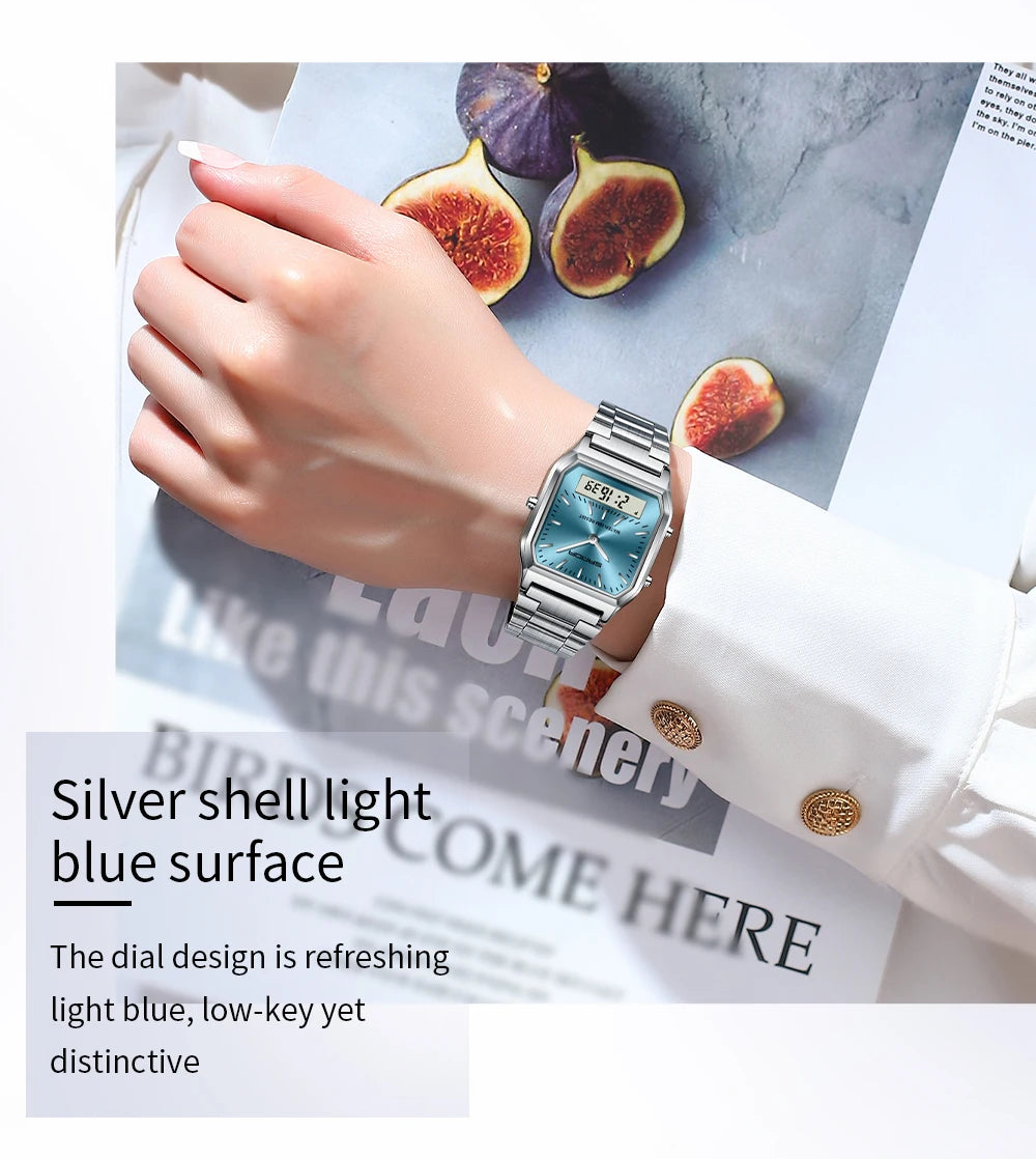 SANDA Men's and Women Watch Fashion Watches Business Style Alarm Clock Man Digital Wristwatch Square Dial Stainless Steel Strap