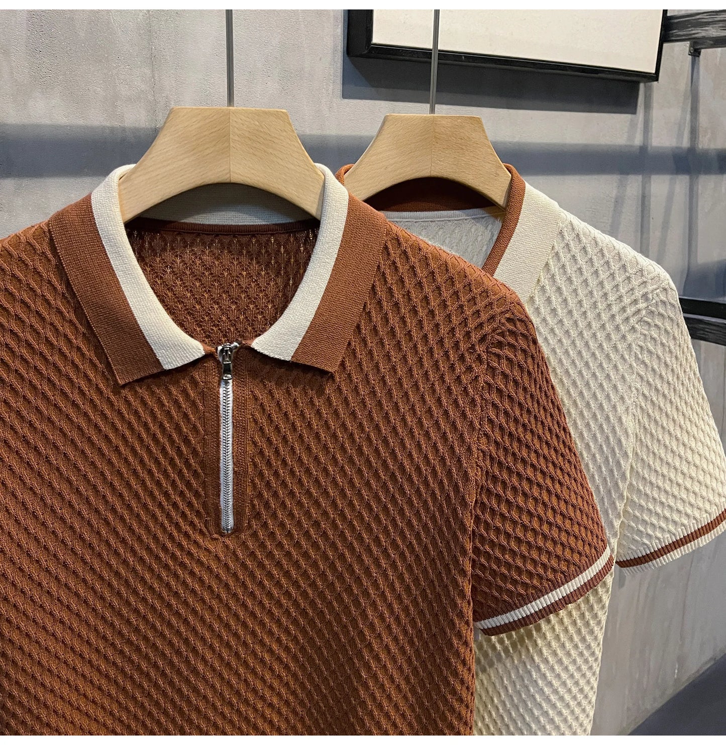 2026 Men's Casual V-Neck Knitted Jacquard Polo Shirt Solid Color Short Sleeve Solid Color Shirt Breathable Luxury Clothing B24