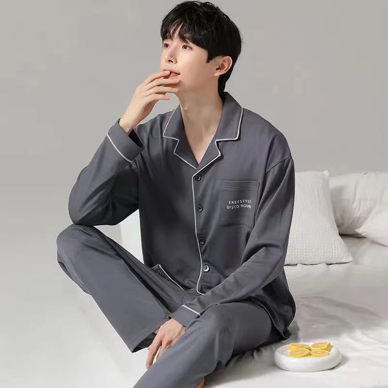 Pajamas for Men Spring and Autumn Long-Sleeved Young Men's Simple Casual Lapel Autumn and Winter Home Wear Set
