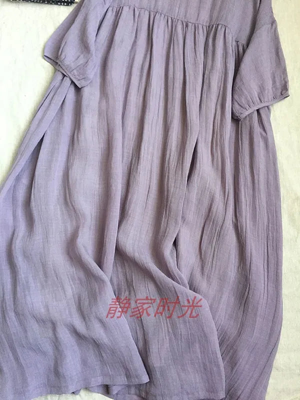 2024 Women Summer Cotton And Linen Pleated Double Layered Robe Casual Loose Half Sleeve Dress Ladies Holiday Clothes X1041