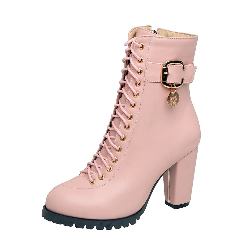 Women's Autumn Lace-Up Chunky Heel Ankle Boots with Belt Buckle Side Zipper High Heels Booties Lace Up Design Classic Lolita