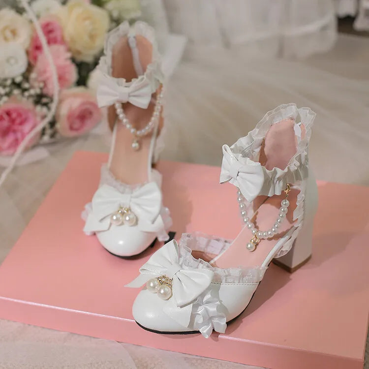 Ochanmeb Sweet Kawaii Girls Lolita Shoes Thick High Heels Cosplay Pumps Bow Knot Pearls Chain Ruffles Lovely Wedding Party Pumps