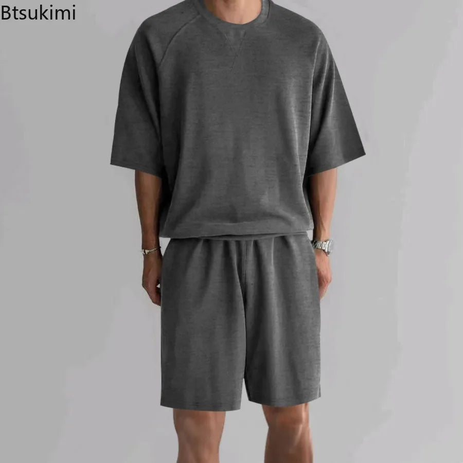 New 2026 Summer Men's Two Piece Sets Casual Loose Short Sleeve O Neck Tees and Shorts Tracksuits Men Stylish Solid Color Suits