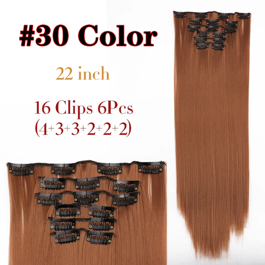 22 Inches Synthetic Long Straight Hairstyle 16 Clips 6Pcs/Set Hair Extensions Blonde Black Hairpieces Heat Resistant For Women