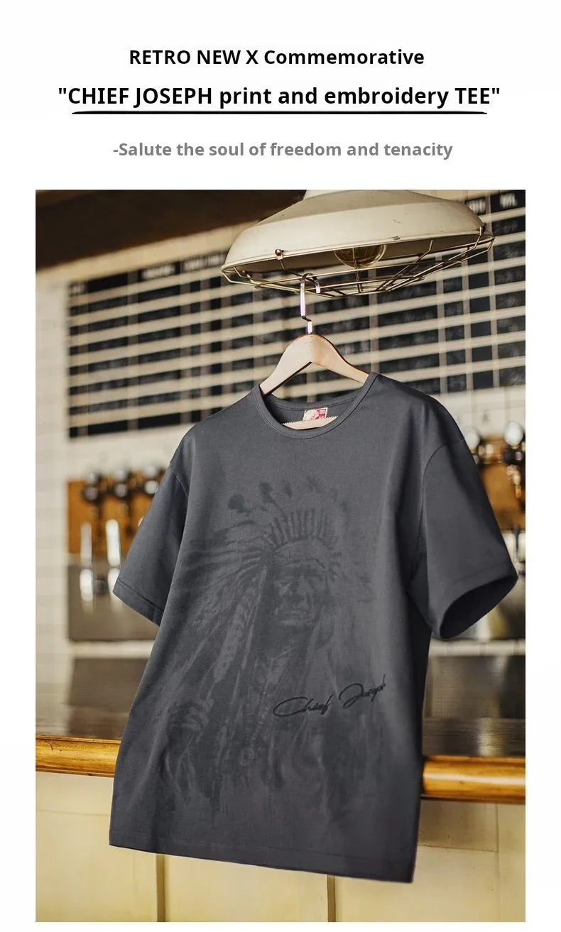 Maden Vintage Heavyweight Navajo Print Short Sleeve T-Shirt Men's Summer Cotton Tee Letter Embroidered Loose Fit Crew Neck Tops