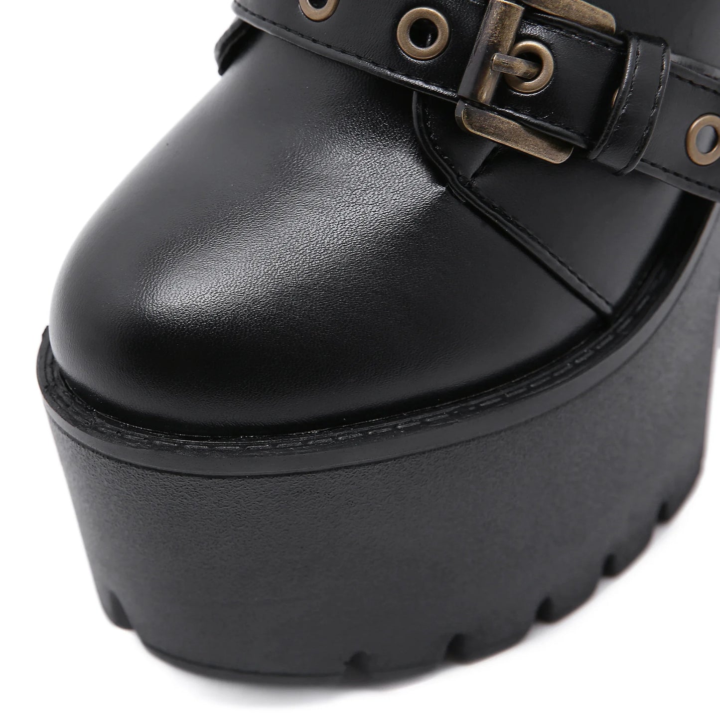 Zip Up Platform Ankle Boots High Heels Round Head Black Leather Goth Studded New Rock Combat Punk Women Shoes On Offer