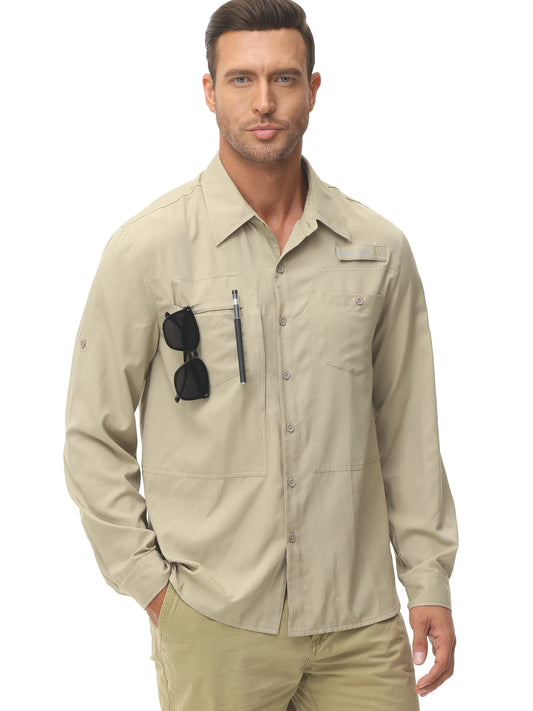 Men's Long Sleeve Fishing Shirts UPF 50+ Sun Protection Breathable Lightweight Travel Work Button Down Shirt with Zipper Pocket