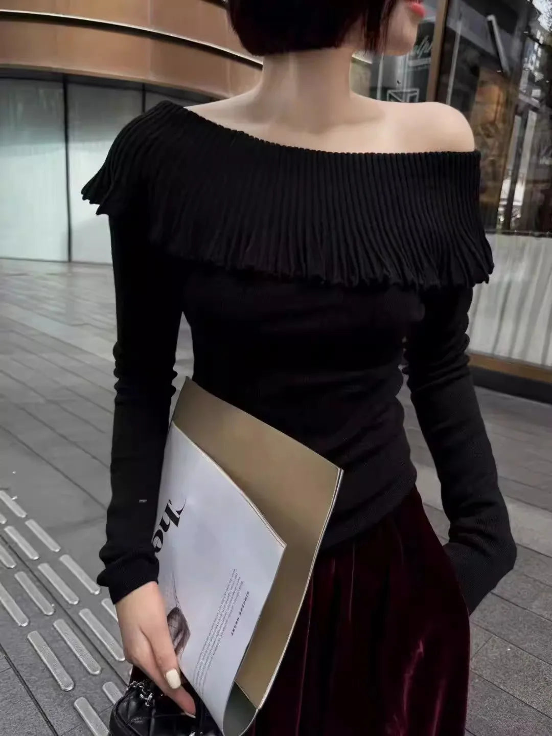 Women's Solid Color Slash Neck Ruffles Sweater Short Pullover Korean Fashion Chic Retro Style for Autumn Winter