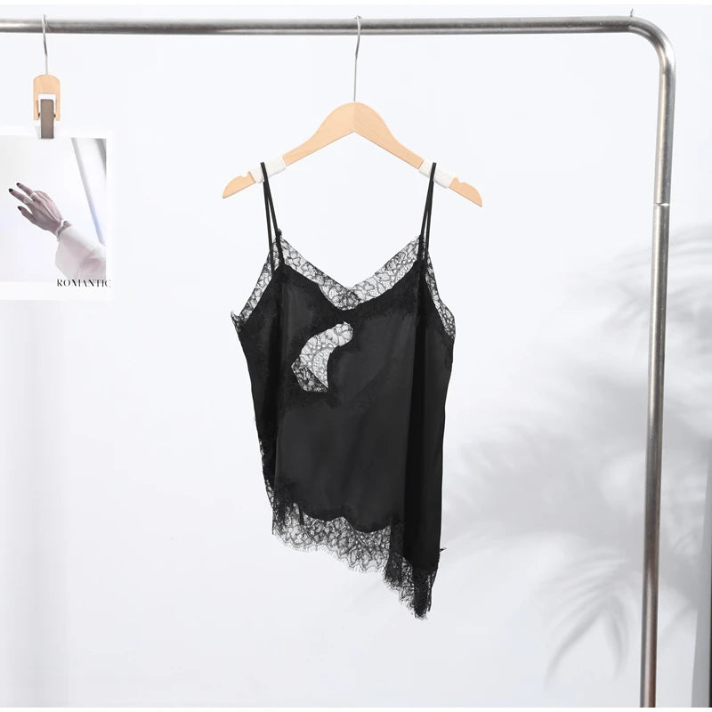Lace Spliced Square Neck Spaghetti Strap Blouse Loose Fit Cropped 2026 Summer Women Chiffon Top Causal Delicate Lady Blusa