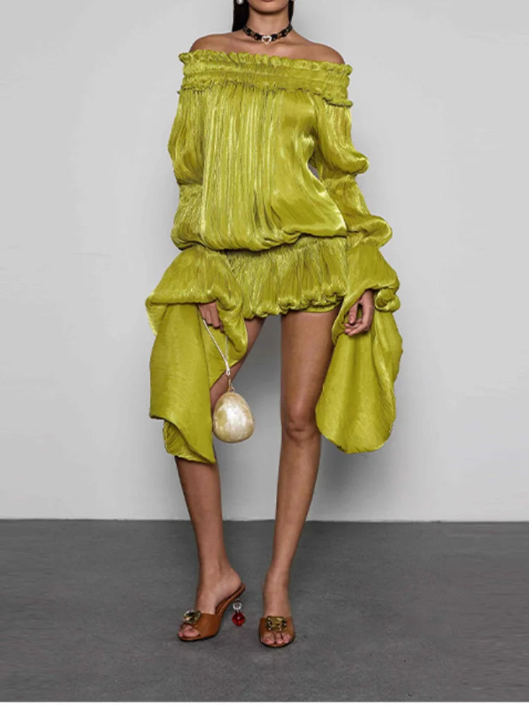 Women's Y2k Off Shoulder Pleated Mini Dress Elegant Lime Green Flare Long Sleeve Ruffle Hem Bubble Vestidos Date Party Dresses