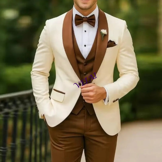 CustomizedNew White And Brown Formal Men Suit Groom Groomsman Wedding Party Prom Business Male Tuxedos 3 Piece Set Blazer Vest P