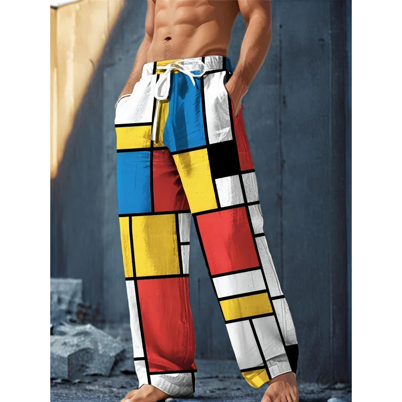 Mens Drawstring Trousers Relaxed Comfortable Geometric Patterned 3D Print Loose Fit Pants Elastic Waist Casual Summer Daily Wear