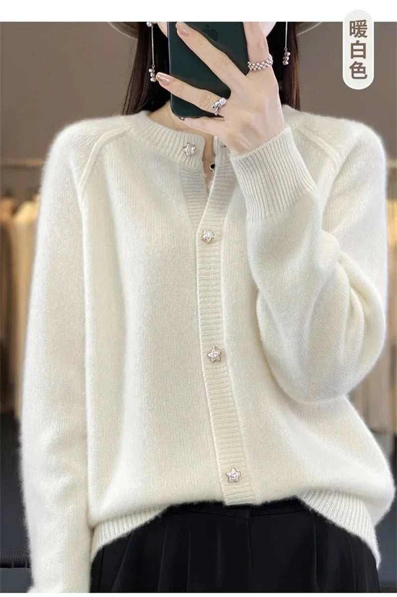 New Women Cardigan Sweater Autumn/Winter Round Neck Star Button Solid Knit Bottoming Shirt Jacket Quality Knitwear Female Tops