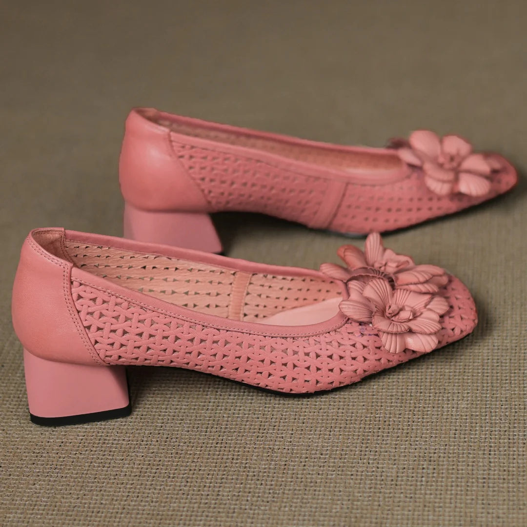 Plus size 41 women's hollow-out sheepskin square toe slip-on pumps 4cm thick med heel elegant ladies flower summer heels sandals