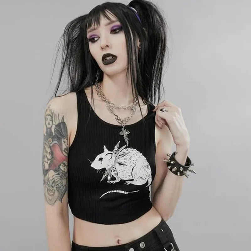 Mouse Print Black Tank Goth Sexy Bodycon Cropped Tops Women Streetwear Harajuku O Neck Knitted Basic Tank Top
