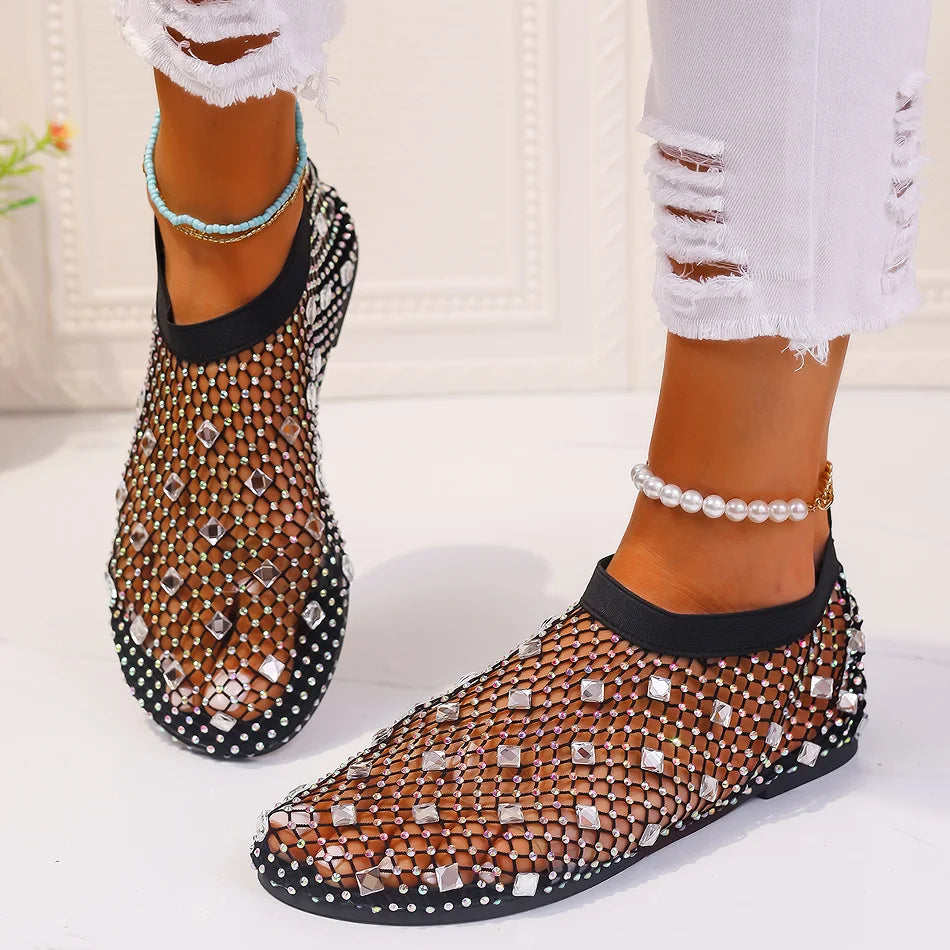 Summer Women's New Round Toe Flat Bottom Sandals Hollow Short Boots Water Diamond Sexy Flat Bottom Fashion Banquet Sandals