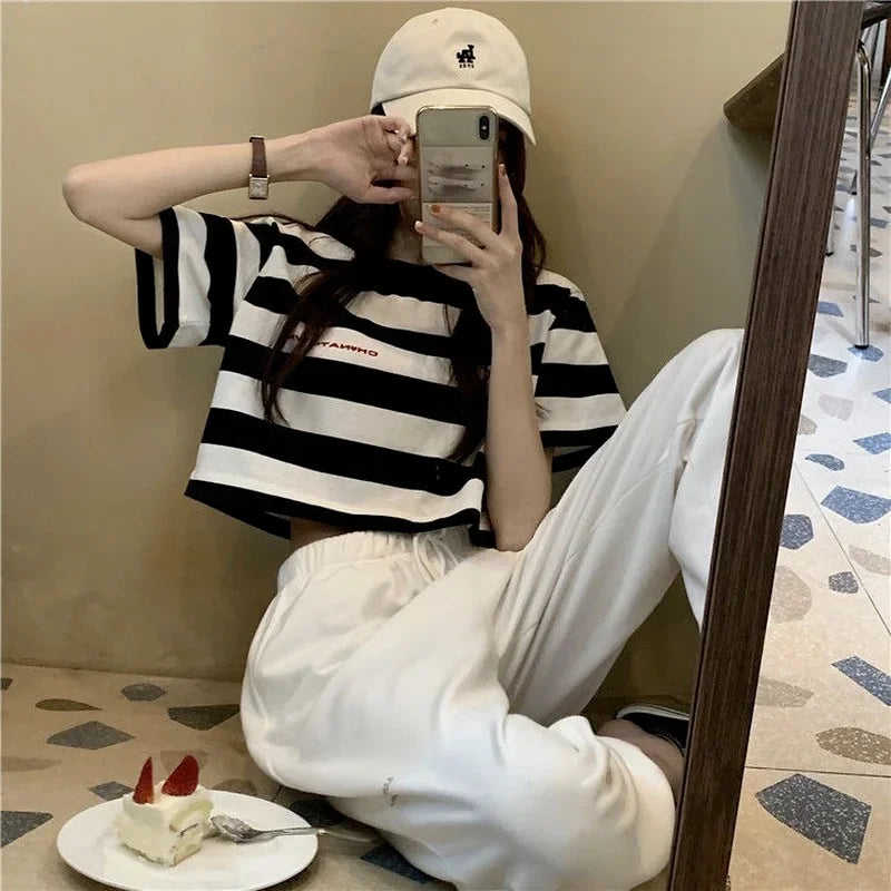 Black White Striped Cropped Top Women Summer New Korean Loose Short-sleeved T-shirt Fashion Egirl Letter Print Oversized Shirt