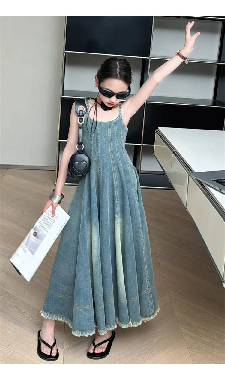Kids Luxury Clothing Summer Denim Dress with Straps for Teenage Girls High Fashion Streetwear Outfit Children Casual Jeans Dress