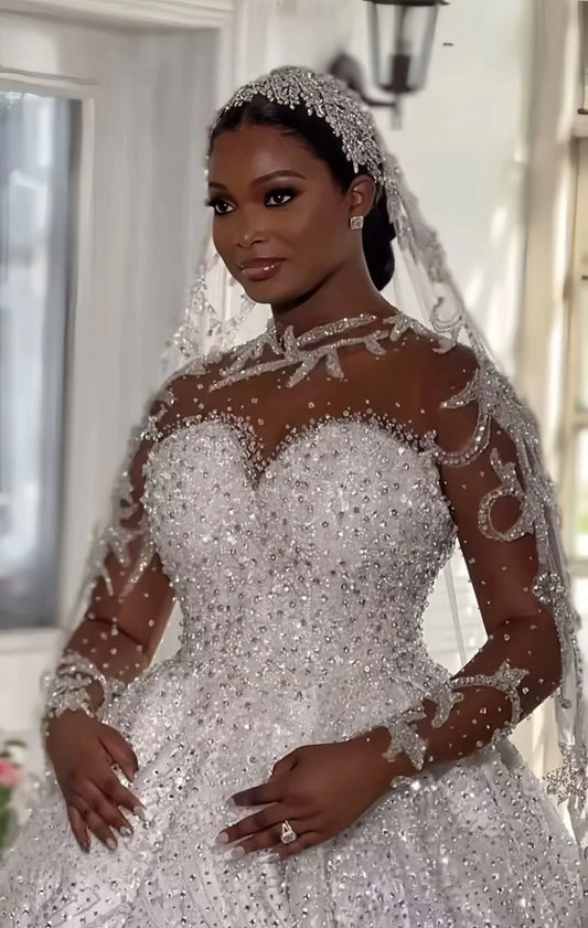 South African Wedding Dresses Black Girls Ball Gown Long Sleeves Beaded Plus Size Bridal Gown Vestido De Noiva Customized