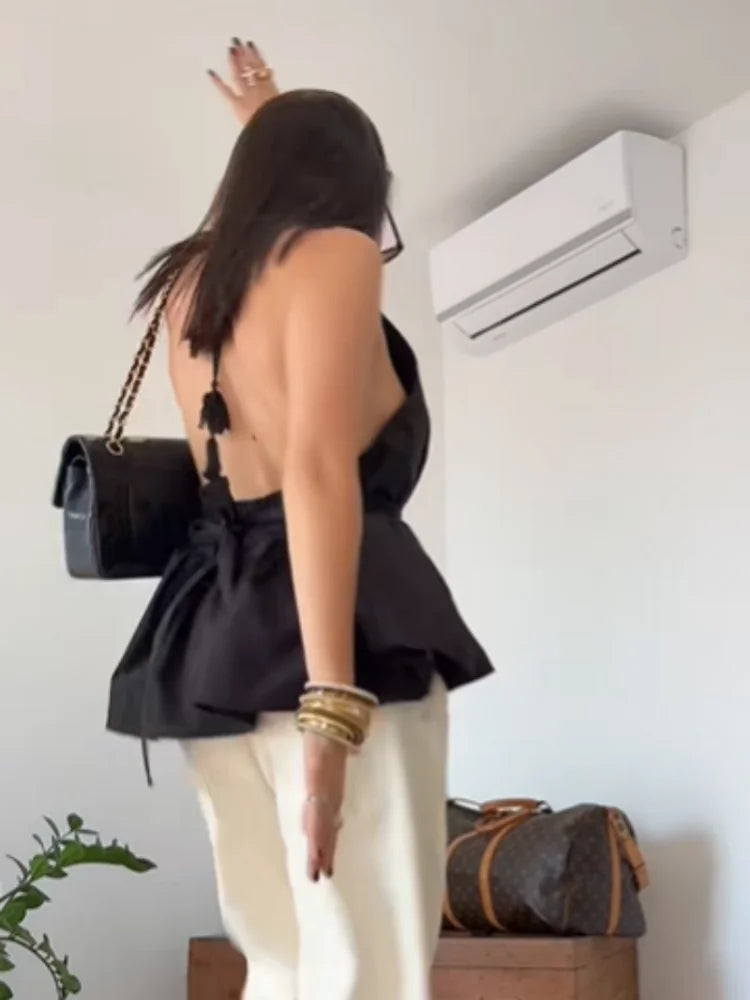 Women Trendy Black Halter Neck Peplum Top Open Back High Neck Tie Waist Sleeveless Blouse For Women Summer Casual Daily Outfit
