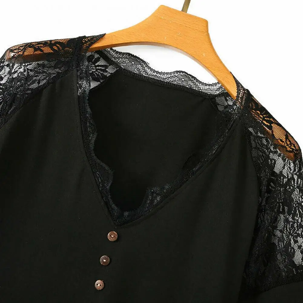 Women V Neck Lace Summer Short Sleeve Tee Top Slim Fit Pullover Blouse