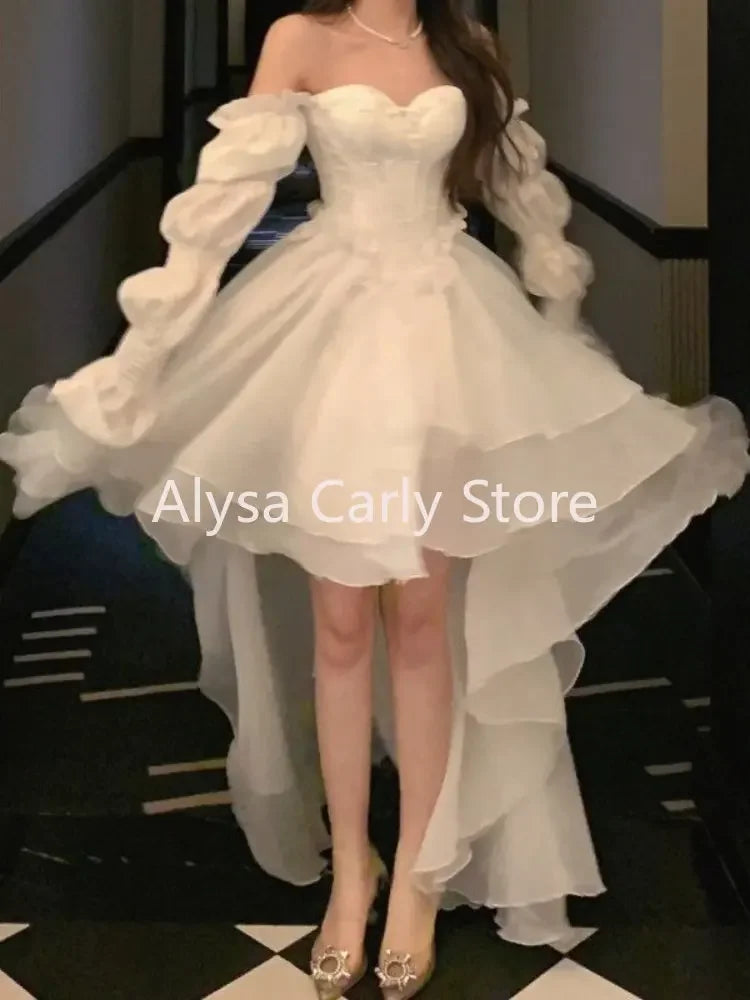 Elegant Ruffles Chic Fairy Dress Women White Sweet Korean Style Princess Dress Female 2023 Summer Slash Neck Casual Party Dress