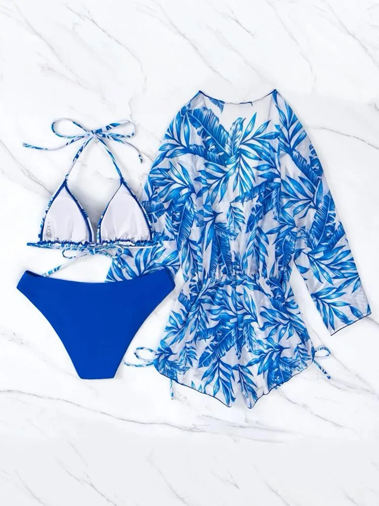 3 Pieces Swimsuit Women's Matching Set Push Up Bikinis+Sexy Mesh Bodysuit Drawstring Cover-Up Swimwear Bathing Suits Beachwear