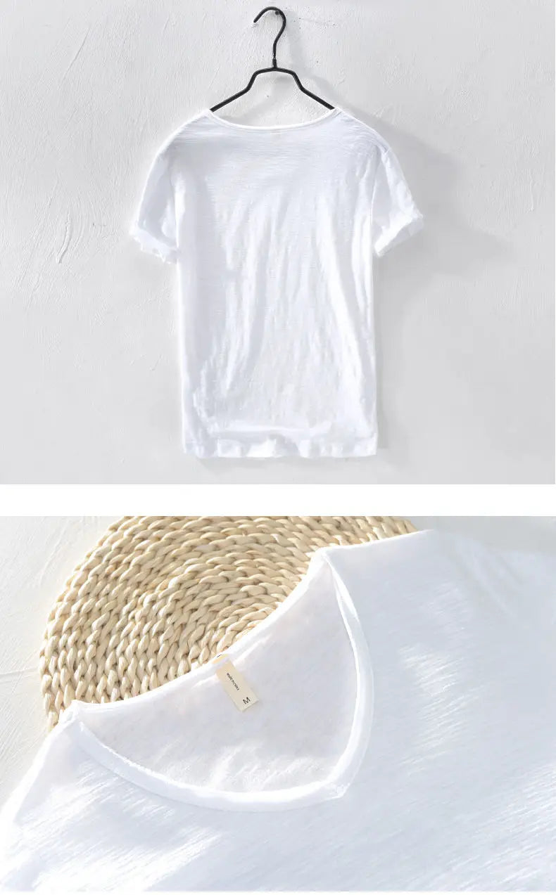 2023 Summer New 100% Cotton White T-shirt Male V-neck Solid Color Casual T Shirt Basic Tees Plus Size 3XL Short Sleeve Tops