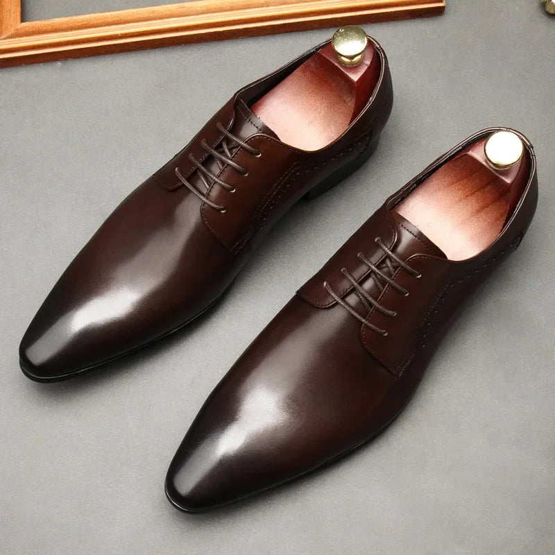 Leather shoes for men, lace up shoes for men, pointy, leather, high-end wedding, dress, Oxford, Lefu shoes, large, British style