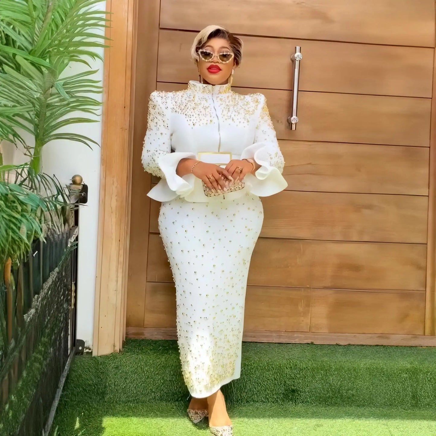 Fashion Suit African Dresses for Woman Rhinestone Turkey Dresses for Women Luxury High Quality Mesh Fabric African Beaded Dress