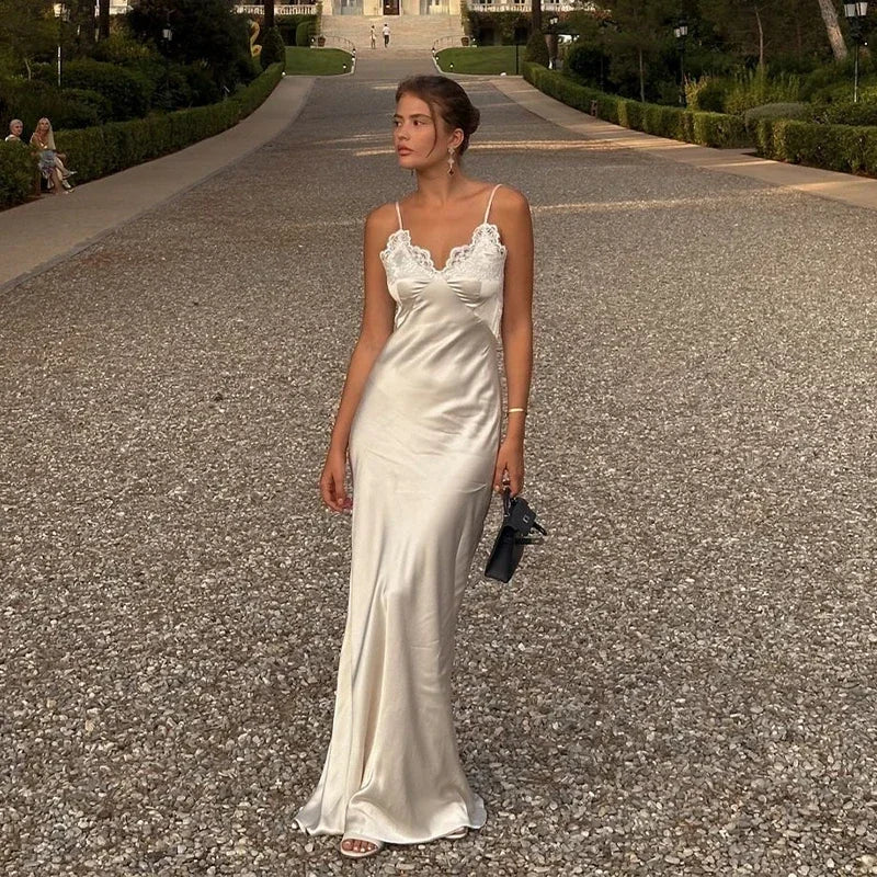 Women V-neck Satin Sling Maxi Dress Sexy White Lace Patchwork Sleeveless Backless Slim Gowns 2026 Evening Party Chic Dresses New