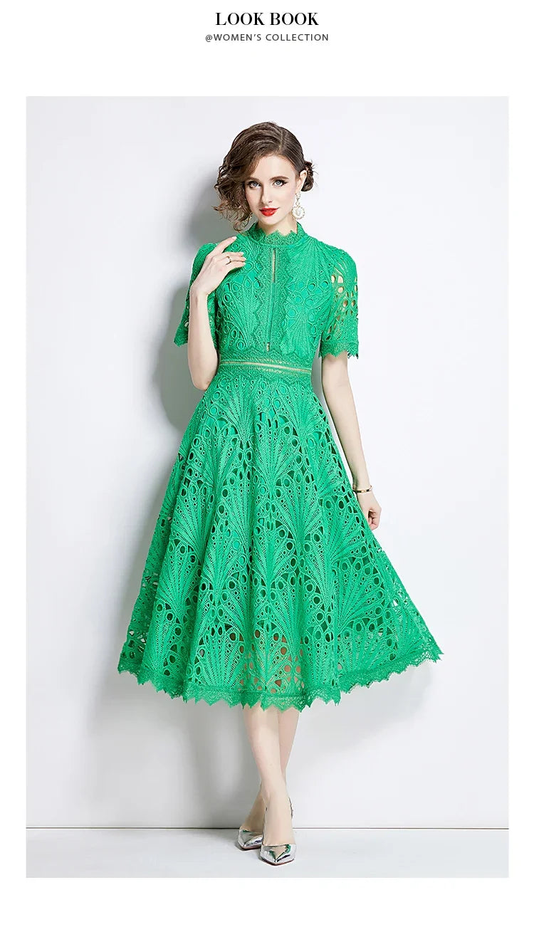 SMTHMA Vintage High-End O-Neck Short Sleeve Lace Hollow Out Dress For Women's Summer Slim Elegant Long Dress Female Clothing