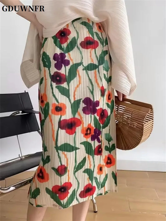 Vintage Midi Print Skirts Women 2025 Summer Back-slit Mujer Aesthetic Temperament Casual Long Dress for Holiday & Party 3XL